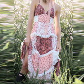 Aiertu - Sexy Deep V Hollow Summer Long Dress Elegant Floral Print Pleated Women's Dress Fashion Off Shoulder High Waist Bohemian Dresses Aiertu