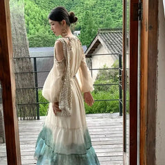 Aiertu - Spring New Korean Fashion Bohemian Vacation Style Slimming Shell Off Shoulder Vintage Dress Tie Dye A-line Long Dress for Women Aiertu