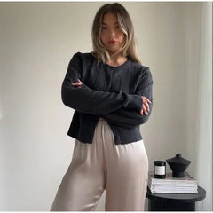 Aiertu - Slim Knit Single Breasted Cardigans Women Elegant O-neck Long Sleeves Short Sweater 2026 Autumn New Female Chic Top Streetwear Aiertu