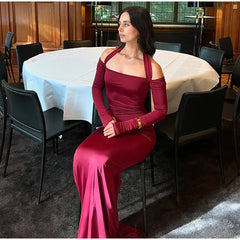 Aiertu - Sexy Solid Women Halter Dress Off Shoulder Long Sleeve Backless Slim Female Maxi Dresses 2025 Spring New Chic Elegant Lady Robe Aiertu