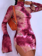 Aiertu Tie Dye Mock Neck Bodycon Dresses For Women Side Split Ribbed Long Sleeve Clubwear Midnight Outfit Party Mini Dress Hot Aiertu