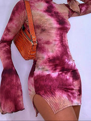 Aiertu Tie Dye Mock Neck Bodycon Dresses For Women Side Split Ribbed Long Sleeve Clubwear Midnight Outfit Party Mini Dress Hot Aiertu