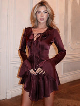 Aiertu - V Neck Long Sleeve Ruffled Sexy Mini Dress For Women Robe Fashion Solid Lace-up High Waist A-line Club Dress Elegant Aiertu