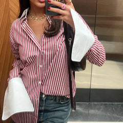 Aiertu - Women's Striped Shirt Fashion Loose Single Breasted Long Sleeved Top Office Lady Simple Splicing Long Shirt Female Aiertu