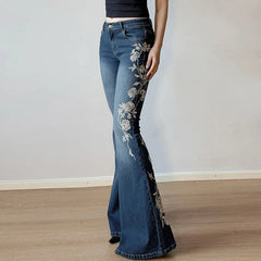 Aiertu - Y2K Rose Embroidered Trumpet Jeans Women Fashion Aesthetic Slim Flare Pants Vintage Blue 2000s Denim Trousers Spring Aiertu