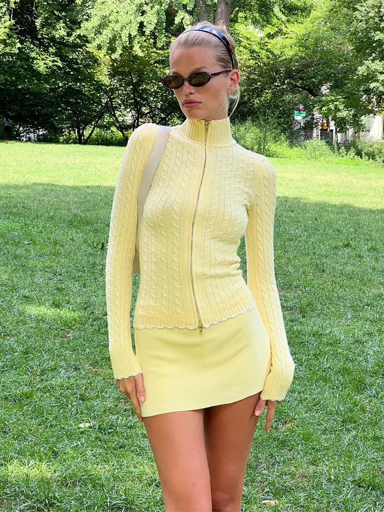 Aiertu - Retro Zipper Knitted Cardigan Jacket Women's 2026 Autumn New Twist Slim Sweater Female Fashion Short Solid Color Outwear Aiertu
