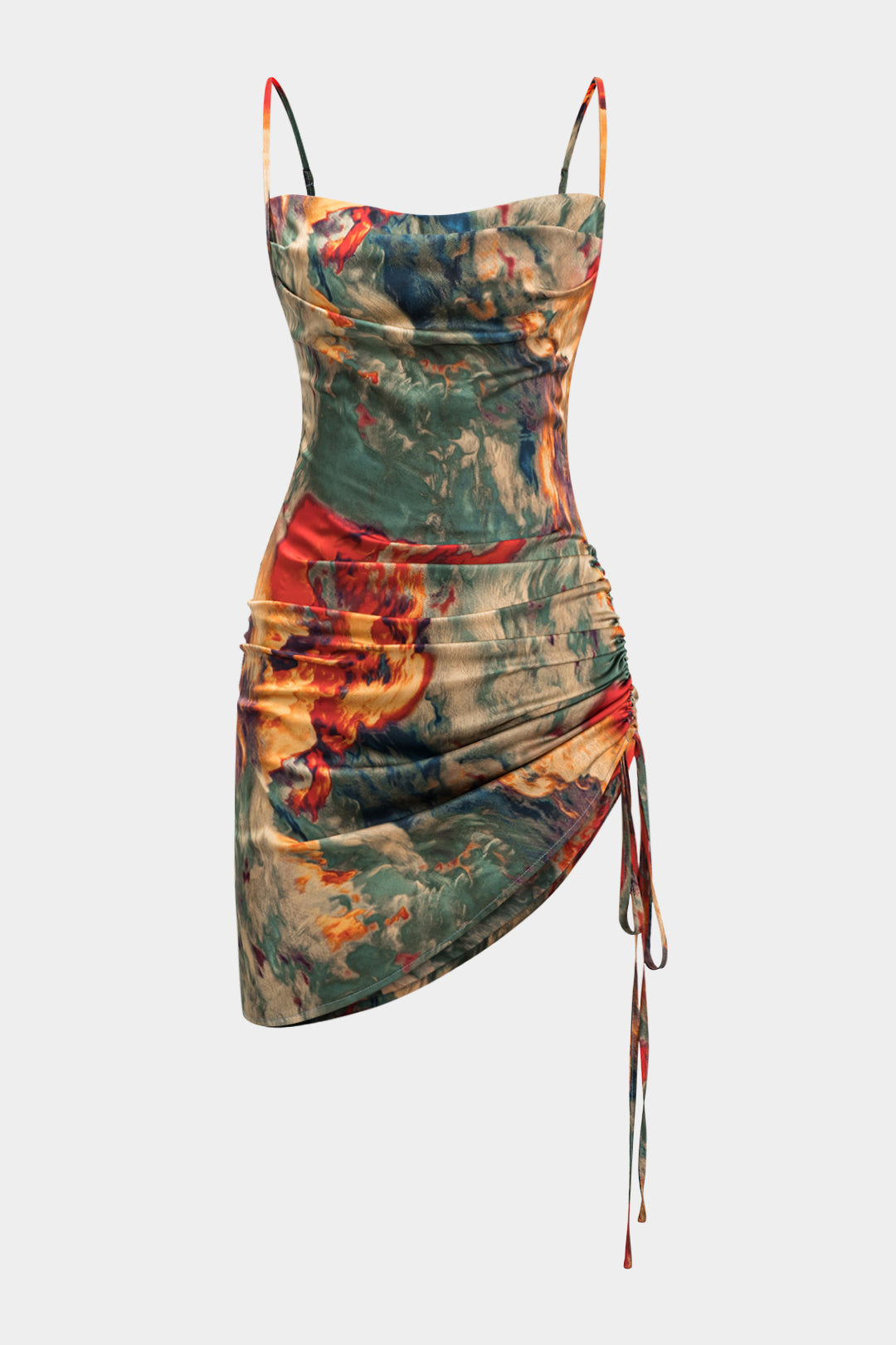 Aiertu Watercolor Print Satin Ruched Drawstring Slip Mini Dress Aiertu
