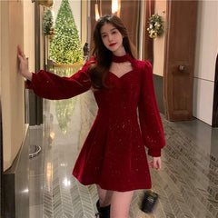 Aiertu Red Velvet Elegant Party Mini Dress Women Sequins Long Sleeve Wram Vintage Dress Ladies Casual Korean A-line Dress 2025 New Year Aiertu