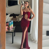 Aiertu - 2025 Spring Hollow Out Ruffles Mesh Camisole Maxi Dress Women Sexy Strapless Spaghetti Straps Backless Ruched Party Long Robe Aiertu