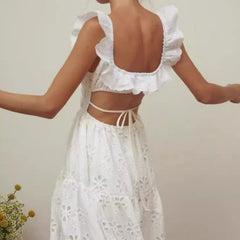 Aiertu - New Temperament Square Neck Women Long Dress Fashion Sleeveless Ruffle Holiday Dress Casual Lace Hollow Split High Waisted Dress Aiertu