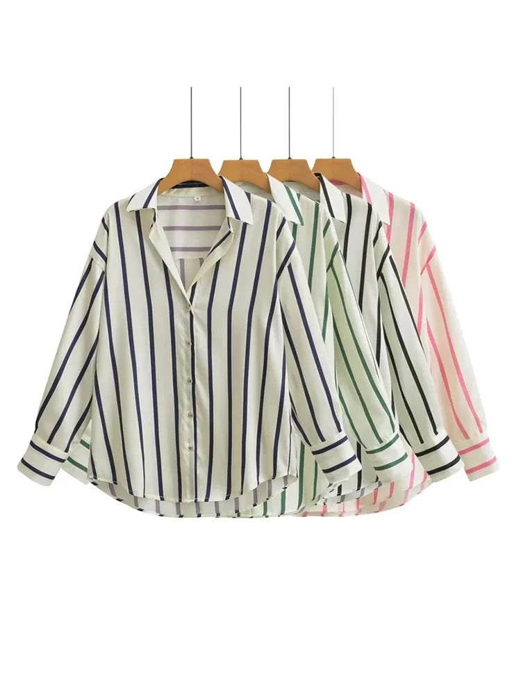 Aiertu - Stripes Shirt Women Autumn Spring Black Casual Loose Blouse Turn Down Collar Chic Vintage Oversize Female Blusa Aiertu