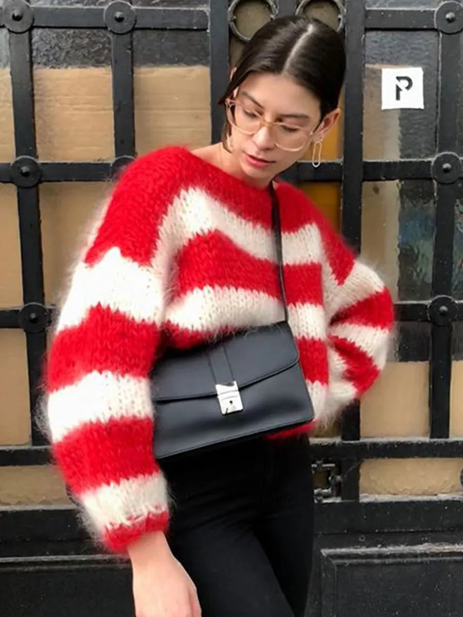 Aiertu Red Striped Mohair Pullover Sweater Women Scoop Neck Lantern Sleeve Knitted Sweaters Autumn Winter New Casual Fashion Jumpers Aiertu