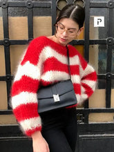 Aiertu Red Striped Mohair Pullover Sweater Women Scoop Neck Lantern Sleeve Knitted Sweaters Autumn Winter New Casual Fashion Jumpers Aiertu