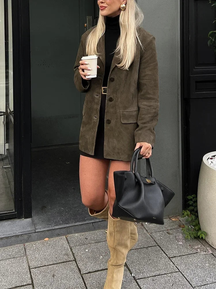 Aiertu - Women Fashion With Pockets Solid Single Breasted Blazer Vintage Notched Neck Long Sleeves Female Chic Lady Outfits Aiertu