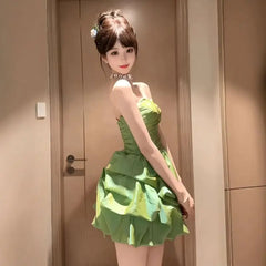 Aiertu - French Retro Green Mini Strapless Dress for Women Summer High-end Sweet Girl High Waist Slimming Birthday Party Evening Dress Aiertu