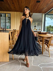 Aiertu - New Sexy Women Black Dresses Tassel Sleeveless Naked Waist Halter Dress Summer Party Evening Female Vestidos Aiertu