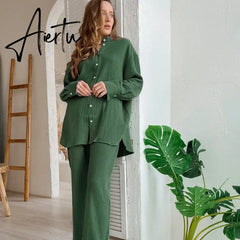 100% Cotton Pyjamas Set Women's Home Clothes Long Sleeve 2 Piece Sets Sleepwear Female Casual Trouser Suits Pajamas Solid Aiertu