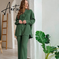 100% Cotton Pyjamas Set Women's Home Clothes Long Sleeve 2 Piece Sets Sleepwear Female Casual Trouser Suits Pajamas Solid Aiertu