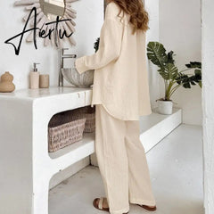 100% Cotton Pyjamas Set Women's Home Clothes Long Sleeve 2 Piece Sets Sleepwear Female Casual Trouser Suits Pajamas Solid Aiertu