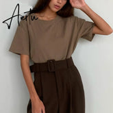 100% Cotton T Shirt Women Summer New Oversized Solid Basic Tees 9 Color Casual Loose Tshirt Korean O Neck Khaki Tops Aiertu