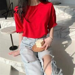 100% Cotton T Shirt Women Summer New Oversized Solid Basic Tees 9 Color Casual Loose Tshirt Korean O Neck Khaki Tops Aiertu