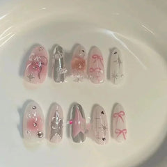 Aiertu 10Pcs Pink Handmade Press on Nails Full Cover Bow Tie Rhinestone Design French Almond Fake Nails Wearable Manicure Nail Tips Art Aiertu