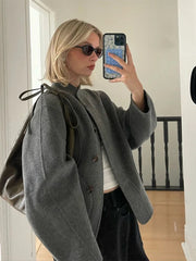 Aiertu - Women Solid Blends Bomber Coat Fashion Loose Single Breasted Long Sleeve Pockets Female Jackets 2026 Chic Lady Commuter Coats Aiertu