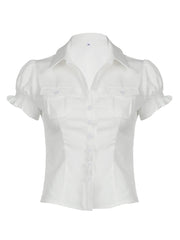 Aiertu - summer inspo Hot Single Breasted Puff Sleeve White Shirts For Women Button Turn Down Collar Pockets Simple Casual Safari Style Tops Aiertu