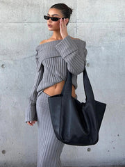 Aiertu - Women Off Shoulder Knitting Sweater Two Piece Set Sexy Top Slim Wrap Hip Midi Vest Dress Autumn Winter Skirts Suit Fashion 2026 Aiertu