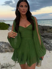 Aiertu - Sexy Women Pleated A-line Mini Dress Summer Fashion V-neck Hollow Long Sleeve Short Dresses 2026 Lady Beach Holiday Vestidos Aiertu