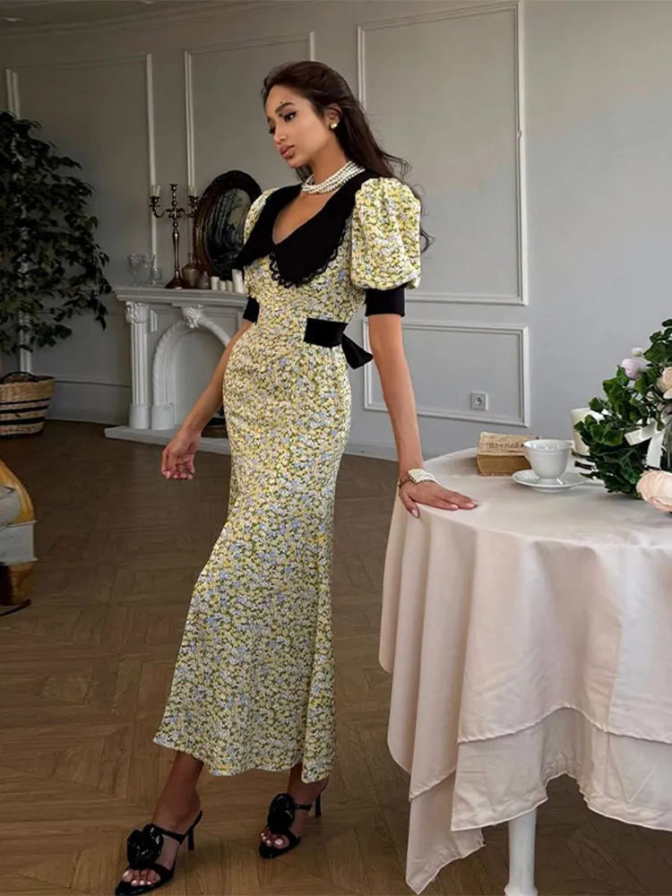 Aiertu - Elegant Doll Collar Puff Sleeve Long Dress Woman Sweet Floral Print Split Skirt With Lace Up Belt Fashion Party Commute Dresses Aiertu