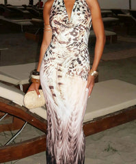 Aiertu - Halter Swinging Collar Leopard Print Bodycon Maxi Dress Sleeveless Backless Sexy Outfit For Women Party Club Aiertu
