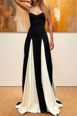 Aiertu - Sexy Colorblock Patchwork Backless Contrast V Neck Long Dresses Aiertu