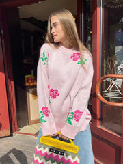 Aiertu - Flower Print Fashion Sweater Women's Casual Loose Female Knitted Top Winter Thick Warm Oversized Knitted Pullover Aiertu