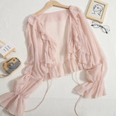Aiertu Ruffles Chiffon Sun Protection Shirt Women Solid Lace Up Flare Sleeve Sunscreen Blouses Cardigan Loose Casual Thin Tops Aiertu