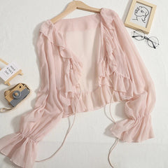 Aiertu Ruffles Chiffon Sun Protection Shirt Women Solid Lace Up Flare Sleeve Sunscreen Blouses Cardigan Loose Casual Thin Tops Aiertu