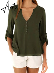 11-Color 8-Size Popular European and American Elegant Women Long-Sleeved V-neck Loose Large Chiffon Shirt Aiertu
