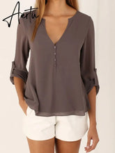 11-Color 8-Size Popular European and American Elegant Women Long-Sleeved V-neck Loose Large Chiffon Shirt Aiertu