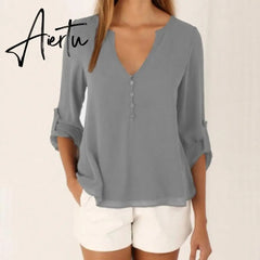 11-Color 8-Size Popular European and American Elegant Women Long-Sleeved V-neck Loose Large Chiffon Shirt Aiertu