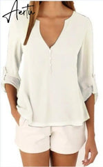 11-Color 8-Size Popular European and American Elegant Women Long-Sleeved V-neck Loose Large Chiffon Shirt Aiertu