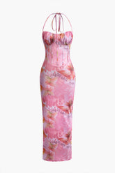 Aiertu Floral Print Halter Slit Corset Midi Dress Aiertu