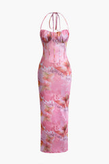 Aiertu Floral Print Halter Slit Corset Midi Dress Aiertu