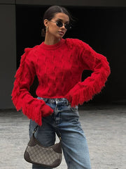 Aiertu - Splice Tassel Short Knitted Top Female Solid Slim Fit Long Sleeves Fashion Pullover Sweater Women's Autumn Winter Casual Aiertu