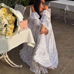 Aiertu - Fashion Long Sleeved Backless Princess Dress New Summer Floral Print Robe Dress Sexy Off Shoulder Pleated Women Party Dress Aiertu