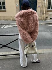 Aiertu - party look snspos Faux Fur Jackets Women Loose Casual Lapel Long Sleeves Zipper Coats Female 2024 Autumn Winter Fashion Solid Warm Outwears Lady Aiertu