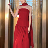 Aiertu - Sexy Strapless Ribbon Dress Women's Back Lace Up Spliced Long Evening Party Dress Slim Solid High Waist Elegant Clothes Aiertu