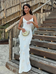 Aiertu - Elegant 3D Flower Knitted Long Dress Women Deep V-neck Spaghetti Strap Backless Sleeveless Beach Dresses 2025 Summer Lady Robes Aiertu