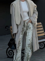 Aiertu - Retro Washed Leopard Print Women Jeans Zipper Pockets Straight Wide Leg Pants 2025 Spring Summer Street Vacation Lady Trousers Aiertu