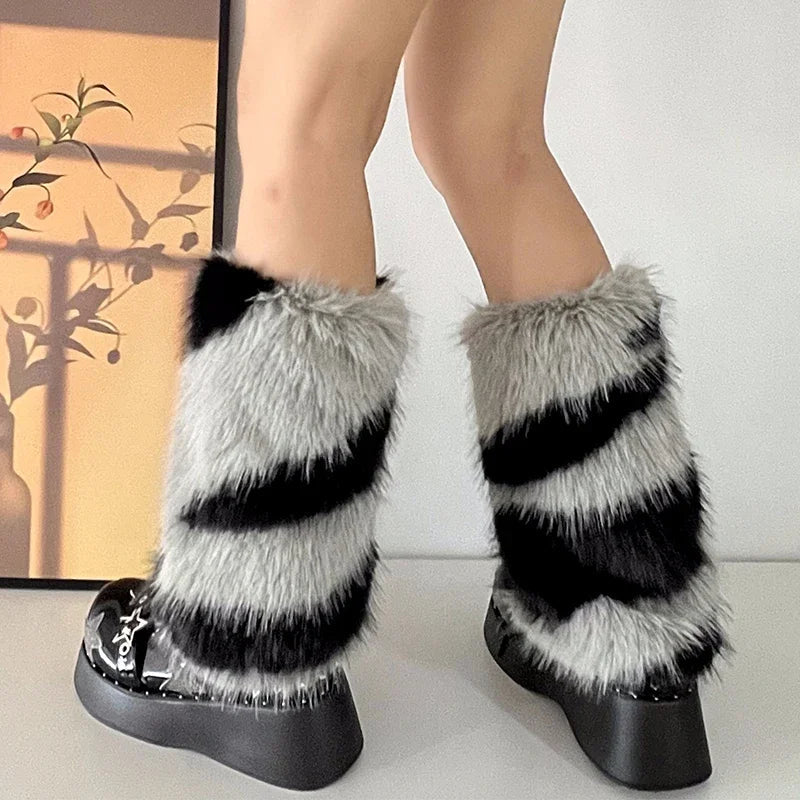 Aiertu - Zebra Leg warmer Y2k Artificial Fur stripe Socks Japanese Lolita Leg warmer Women Faux Fur Shoes Cuffs Cover Socks Streetwear Aiertu