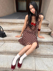 Aiertu - Elegant Sweet Polka Dot Print 3-Piece Set Women Scarf+v-Neck Camisole Tops+Skirts Leisure High Street Comfortable Suits Aiertu